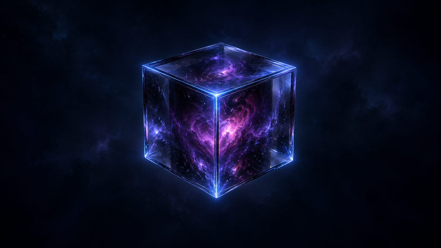 A glowing blue and violet space cube