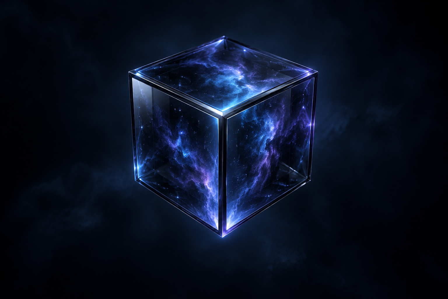A glowing blue three-dimensional space cube